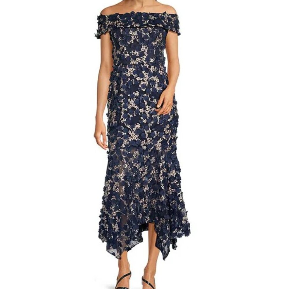 Xscape Off-the-Shoulder Short Sleeve Embroidered Floral Lace Handkerchief Hem Me